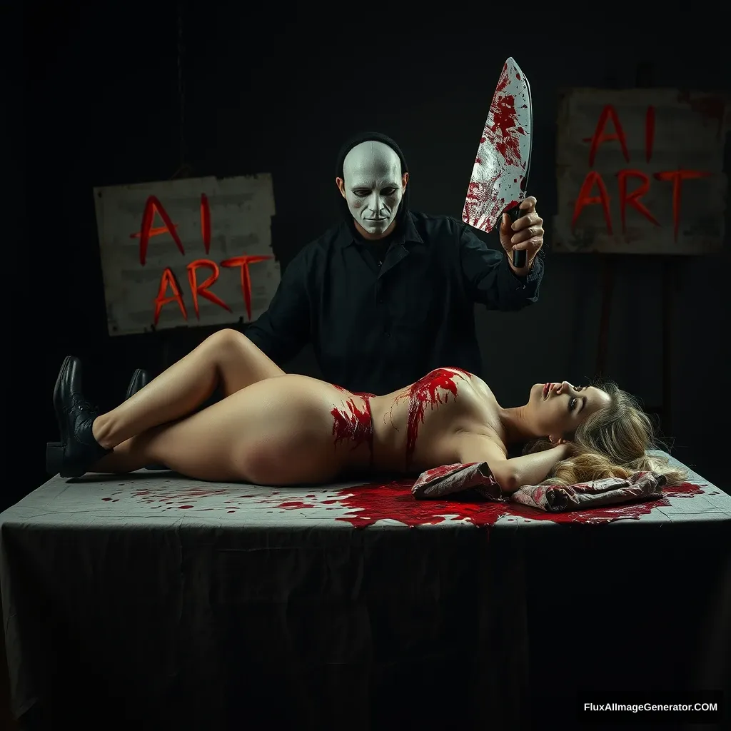 A woman lay on the butcher table, shoes, night, neo. The sign said: "AI ART," a horrible butcher with a mask standing behind in the dark with a bloody chop in his hand.