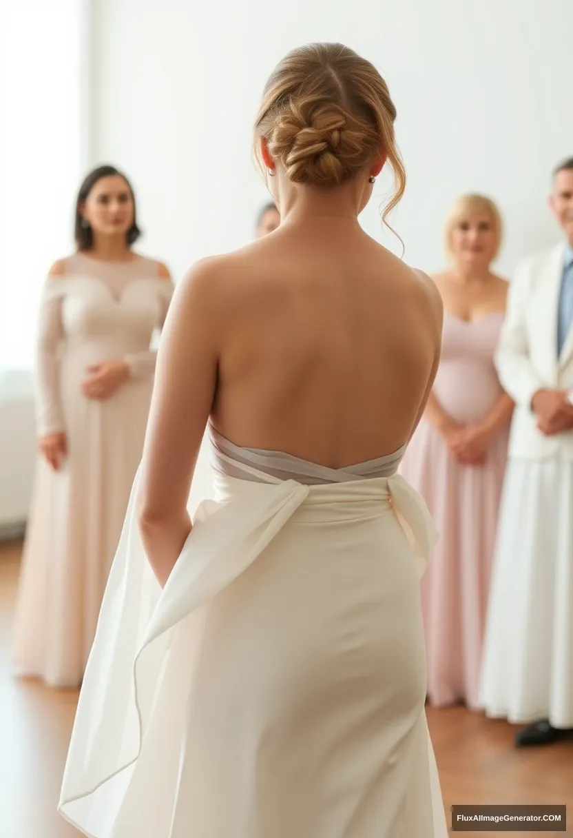 A short young woman, sensitive, delicate, backless strapless side-less low-waisted contouring wedding dress with a breezy loose top spilling open to the sides, that seems like it was intentionally left undone. Before the council of fathers. Expectations. Perfect posture. Pale skin. - Image