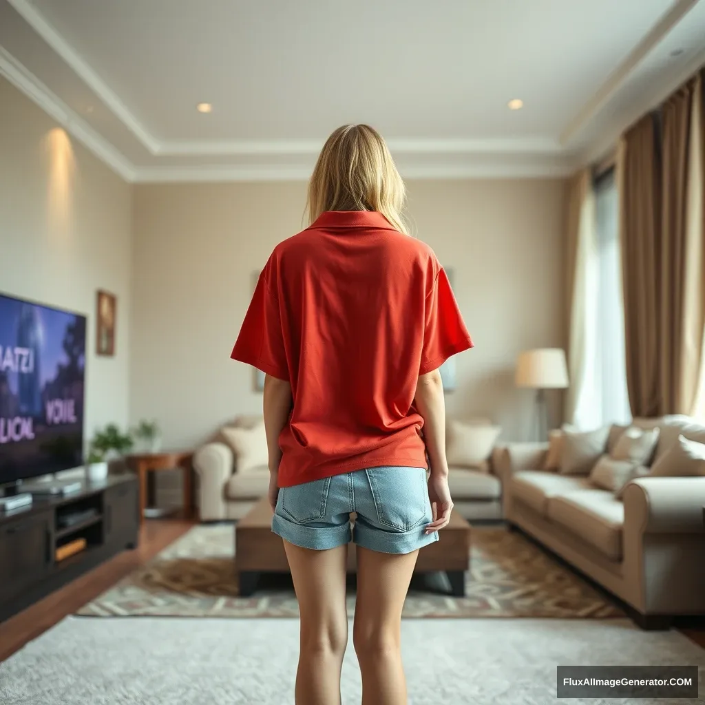 Back view of a blonde skinny woman in her early twenties in her huge living room, wearing an immensely oversized red polo t-shirt that is slightly imbalanced on one shoulder, the bottom part also untucked. She is wearing light blue denim shorts and has no shoes or socks. She faces her TV with a shocked expression and dives into the magical TV.