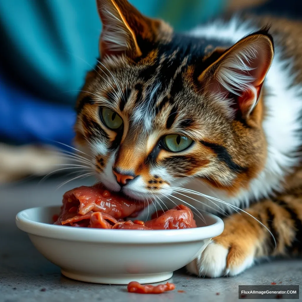 The cat eating meat - Image