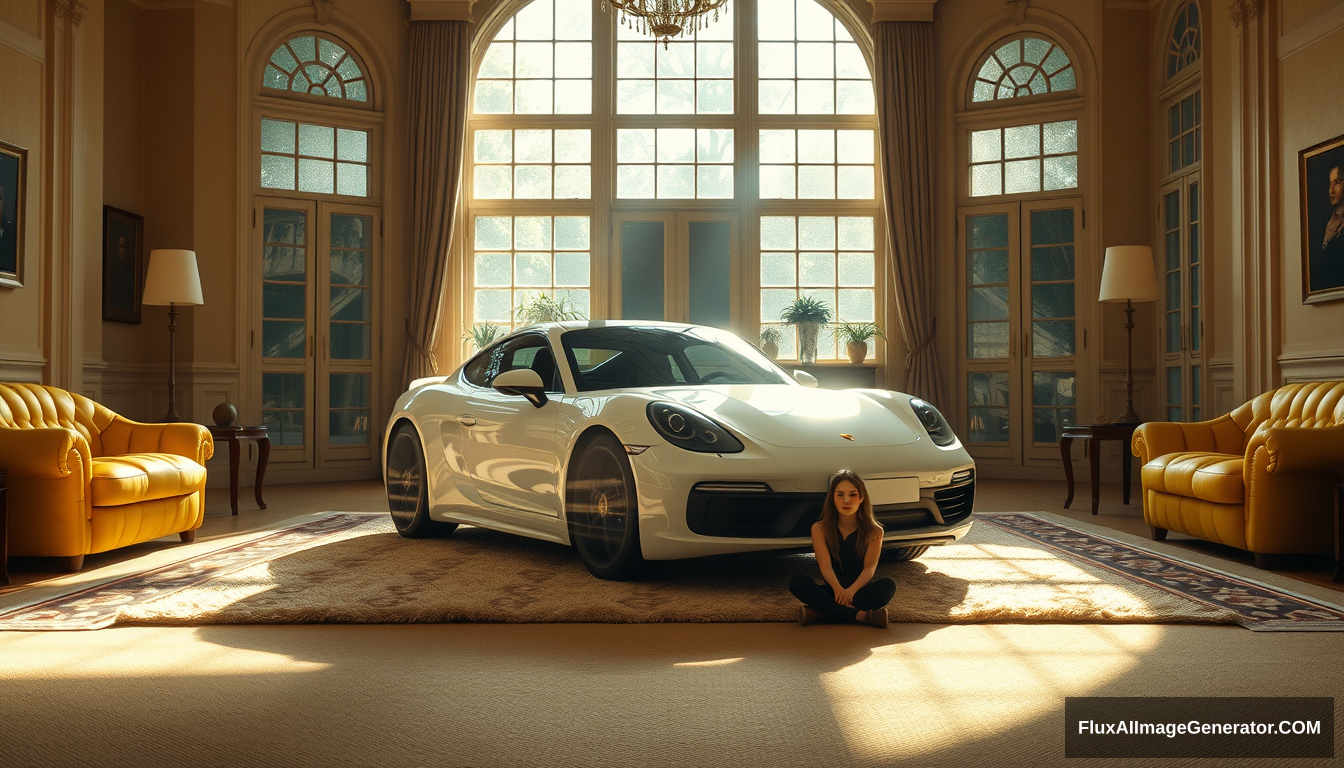 A white car is parked in the living room of an old mansion, with sunlight shining through large windows onto it. The interior decoration features beige walls and yellow furniture. There's also a fluffy carpet under one side of its body. On both sides of the Porsche sports car stands a golden pumpkin-shaped sofa. This scene has cinematic lighting effects, creating a warm atmosphere. In front of the sports car sit two people wearing elegant attire, adding some character elements to the entire setting.