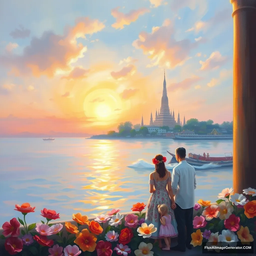 A painting in the style of Degas, with Wat Arun from Bangkok at sunrise, a family, flowers, sea. - Image