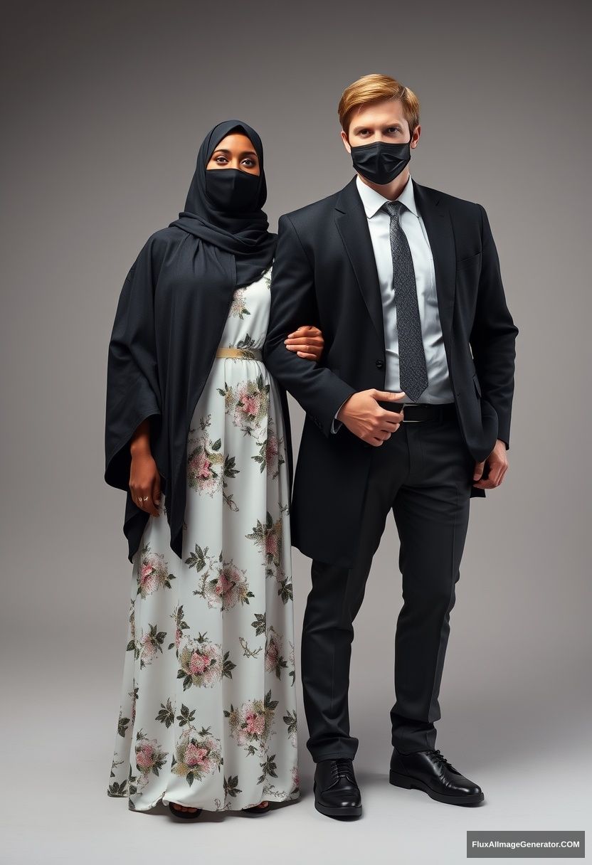 A big black hijab girl with beautiful eyes, a black face mask, wearing the longest white floral dress, not tall, standing and holding his arm.

Jamie Dornan, the youngest, in a black suit coat, white shirt, grey patterned tie, black leather sneakers, a tall man with a black face mask, fit and tough body, standing near her, a loving couple.

Hyper-realistic, studio photography, photorealistic.