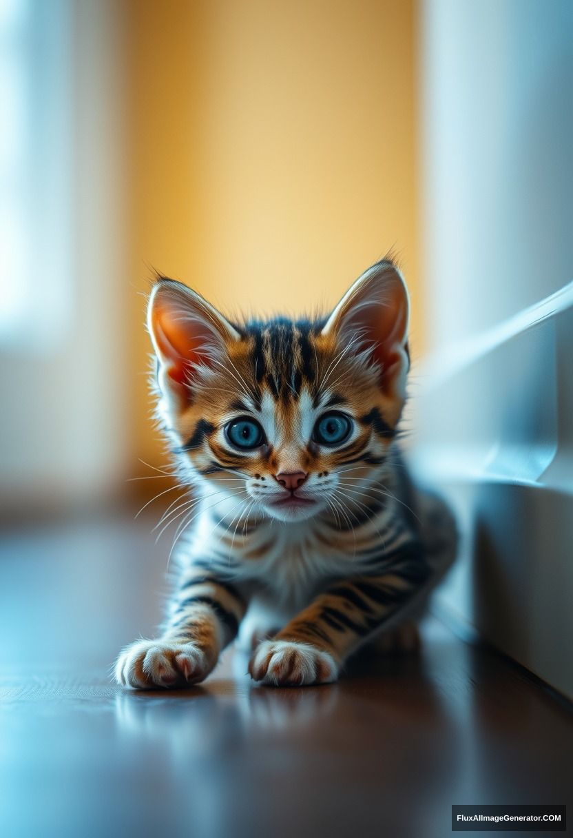 A kitten, on the floor, looking towards the camera, light tracing, global lighting effects, 2k. - Image