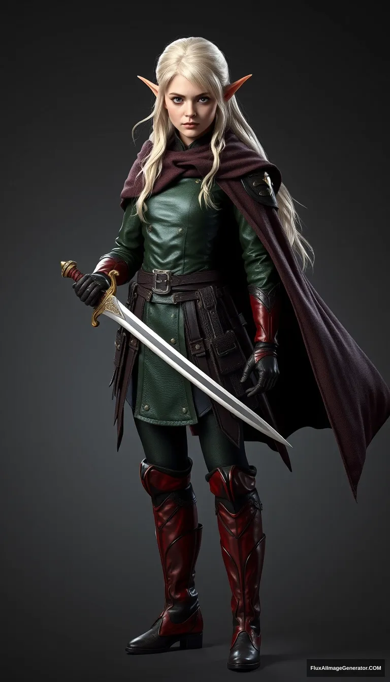 Gorgeous and elegant girl elf warrior (Emma Watson) guards with a sword, full body shot, platinum colored hair, greenish metallic military uniform, reddish military metallic boots, dark brown cloak, hyper-realistic photo, Unreal Engine.