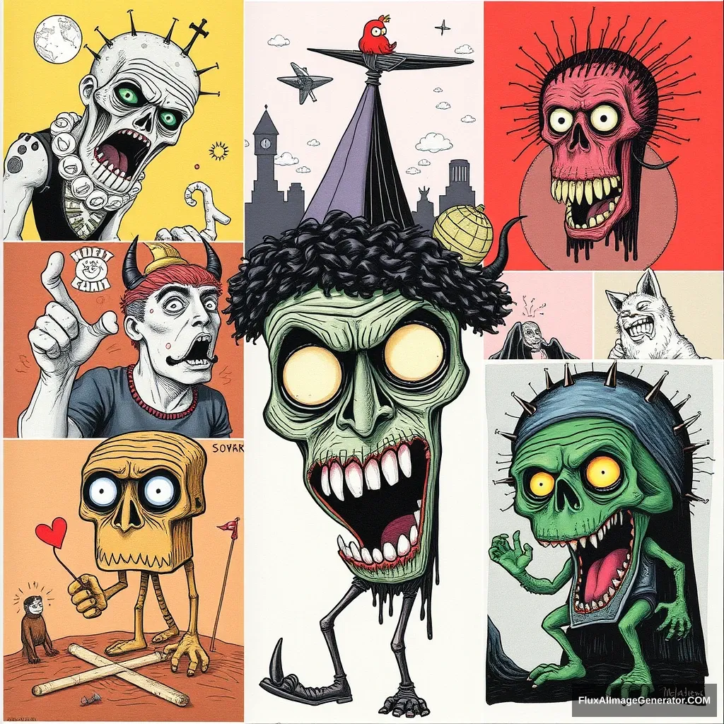 Collage of different crazy weird illustrations.