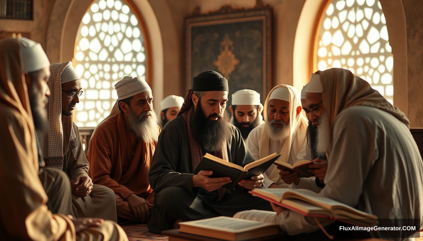 A group of Muslims earnestly studying and discussing the teachings of Prophet Muhammad SAW, set in a tranquil and scholarly environment. Ultra HD, realistic, with warm and cinematic lighting. - Image