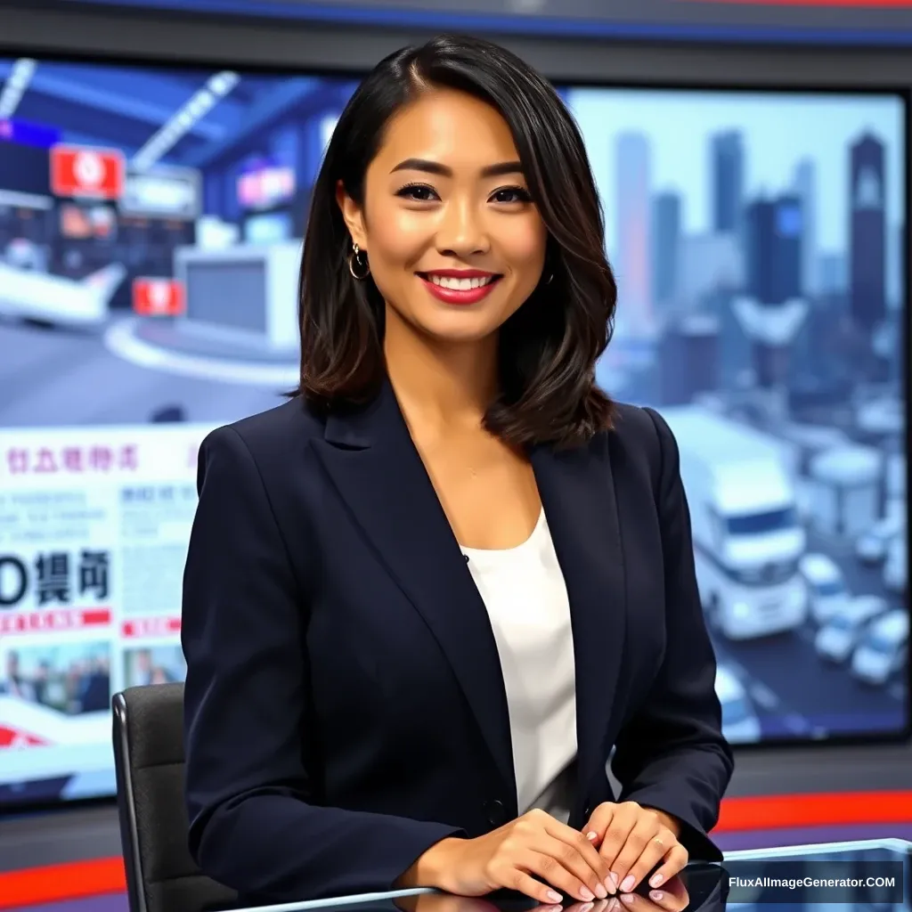 News Anchor Description Prompt:

Imagine an Asian news anchor presenting live on a television broadcast.

Facial Features: The anchor has a smooth, oval face with warm brown skin and a bright, confident smile. Their expressive almond-shaped eyes are dark, framed by well-groomed eyebrows that enhance their professionalism.

Hair: The anchor sports a sleek, shoulder-length hairstyle that is neatly styled, possibly with subtle waves. The hair color is a rich black or dark brown, contributing to a polished appearance.

Attire: They wear a tailored blazer in a bold, professional color, such as navy blue or charcoal gray, over a crisp white blouse. The blazer is modern and fitted, projecting authority and style.

Setting: Picture the anchor sitting at a sleek news desk with a large screen in the background displaying headlines or images relevant to current events. Soft studio lighting highlights their features, creating a professional and inviting atmosphere.

Body Language: The anchor maintains an upright posture, exuding confidence and engagement with the audience. Their gestures are calm and purposeful as they relay important news, making eye contact with the camera.

Overall Mood: Capture the seriousness of the news being delivered, balanced with the anchor's ability to connect with viewers, conveying trust and reliability. - Image