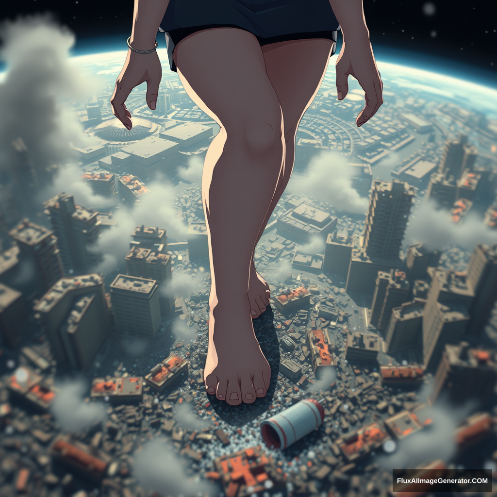 An image taken by a satellite of a gigantic, growing, anime woman, massive upper body, stomping her foot on a crushed city. pixel art style, barefoot, dof bokeh, destruction, smoke, debris, motion blur, water droplets, fog.