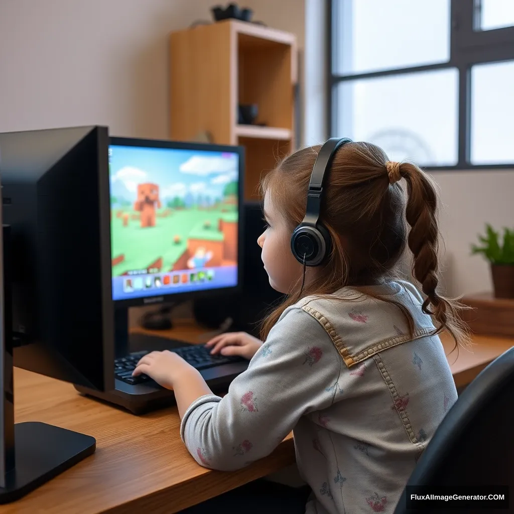 A little girl sitting in front of the computer playing Minecraft game.