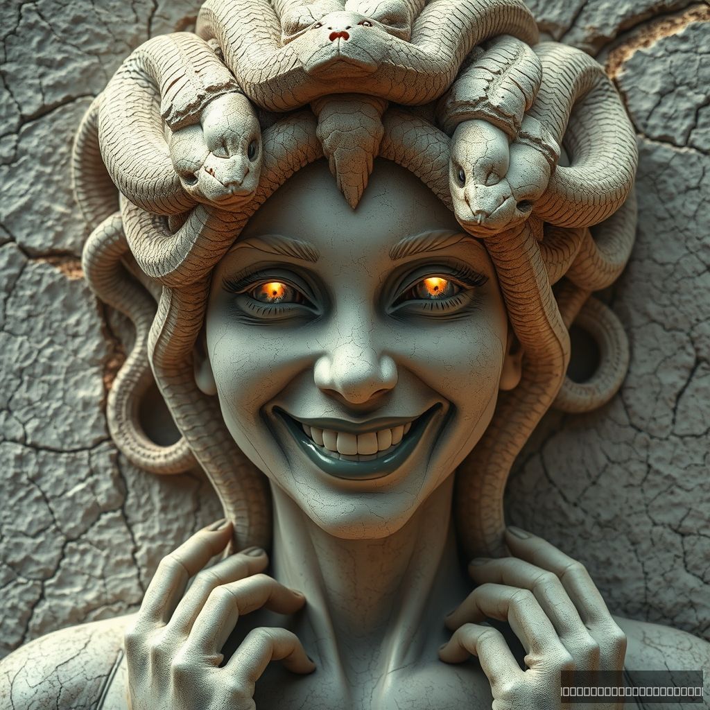 'beautiful smiling stone woman chiseled out of stone with snakes eyes, (glowing eyes:1.2), medusa, shoulders, cracked skin, dusty white rock face, chiseled, snakes with glowing covering head, dramatic,(masterpiece, best quality, high quality), hyperdetailed, highres, intricate detail, HDR, 8k, sharp focus, detailed background, perfect hands, realistic eyes, detailed skin texture, subsurface scattering, realistic, photorealistic' - Image