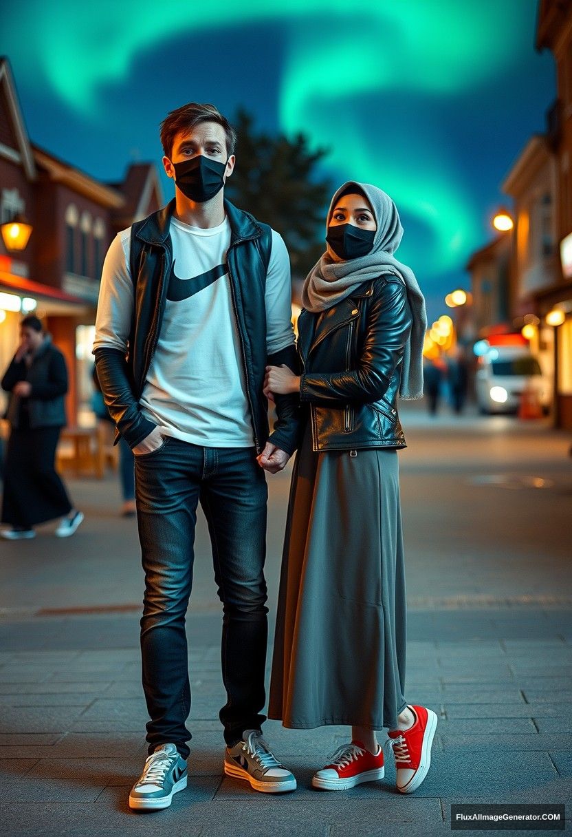 Jamie Dornan, tall and handsome, wearing a black face mask, long-sleeve white Nike t-shirt, jeans, and sneakers, is on a romantic date with a beautiful Muslim girl in a grey hijab, who has lovely eyes, a black face mask, and a leather jacket, wearing the longest and biggest skirt—she's not very tall, but has red sneakers. They hold hands and stand together in town, captured in a photorealistic street photography style, featuring full photography and selfie photos against a night scenery with an aurora.