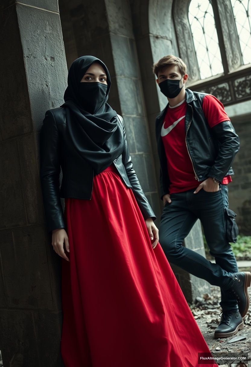 A biggest black hijab girl, beautiful eyes, face mask black, black leather jacket, biggest red longest dress, not tall,

Jamie Dornan, handsome, face mask black, fit and tough body, Nike red t-shirt, black leather jacket, jeans, tall man, standing lean against the wall together

Hyper realistic, photorealistic, studio photography, Victoria's abandoned castle, gloomy, darkness.