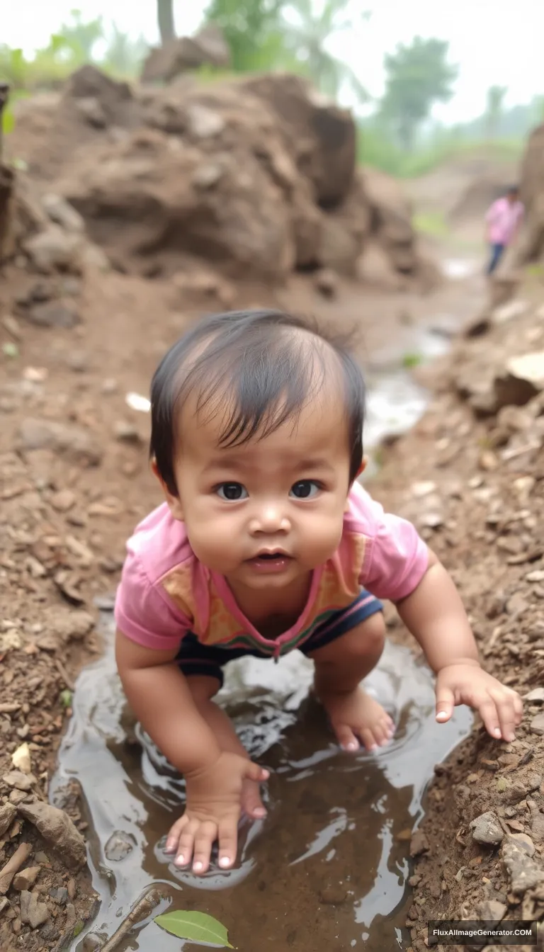 A 20-month-old Asian child playing in a ravine. - Image