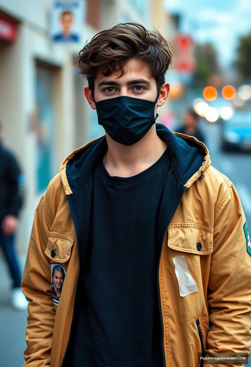 Jamie Dornan, young, black face mask, collage jacket, jeans, hyper-realistic, street photography. - Image