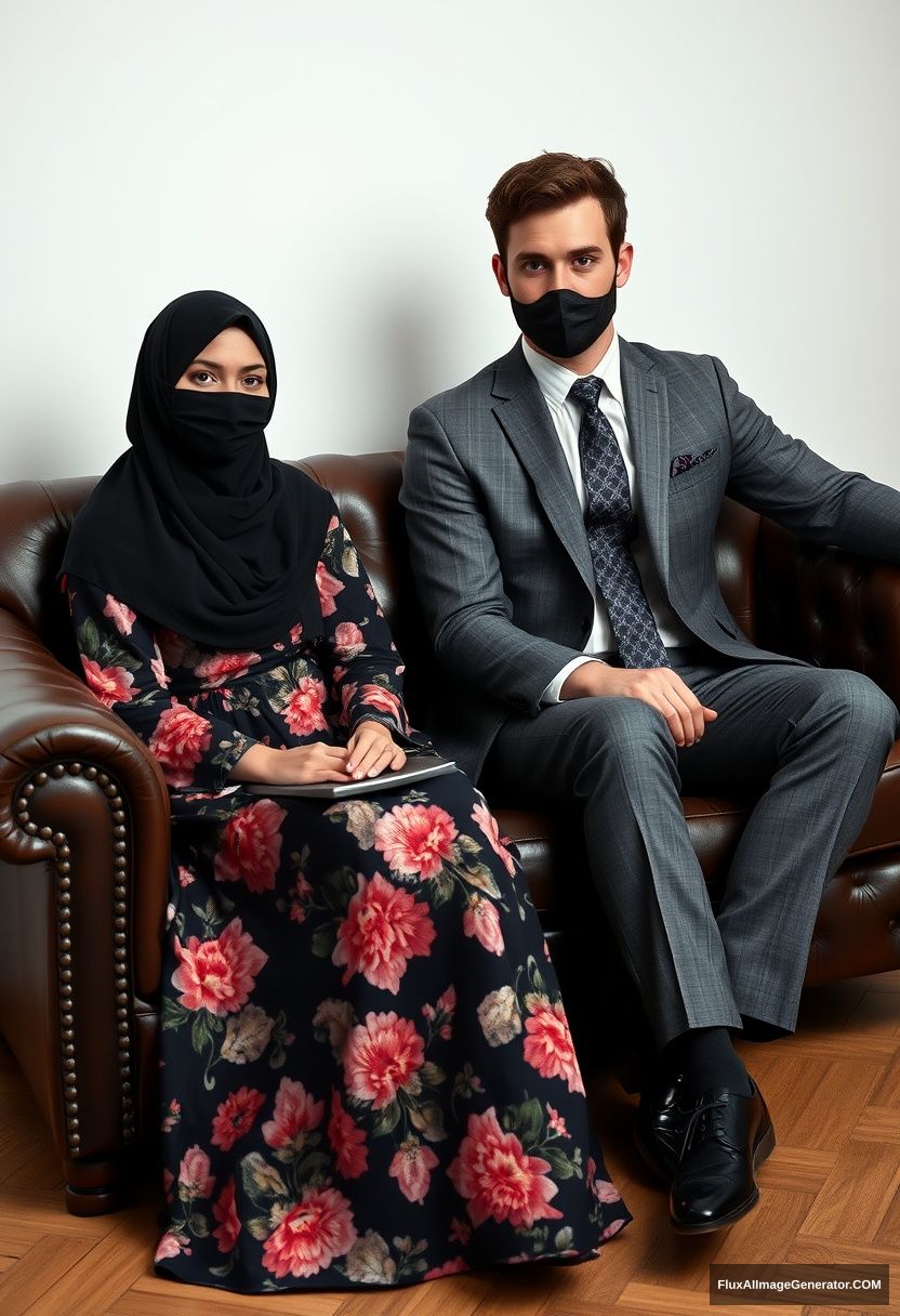 A biggest black hijab girl, slim girl, beautiful eyes, face mask black, biggest floral longest dress, sitting on leather single wing sofa,

Jamie Dornan, youngest, grey suit coat, grey pattern tie, black leather sneaker, tall man, face mask black, fit body, sitting near her,

hyper realistic, studio photography. - Image