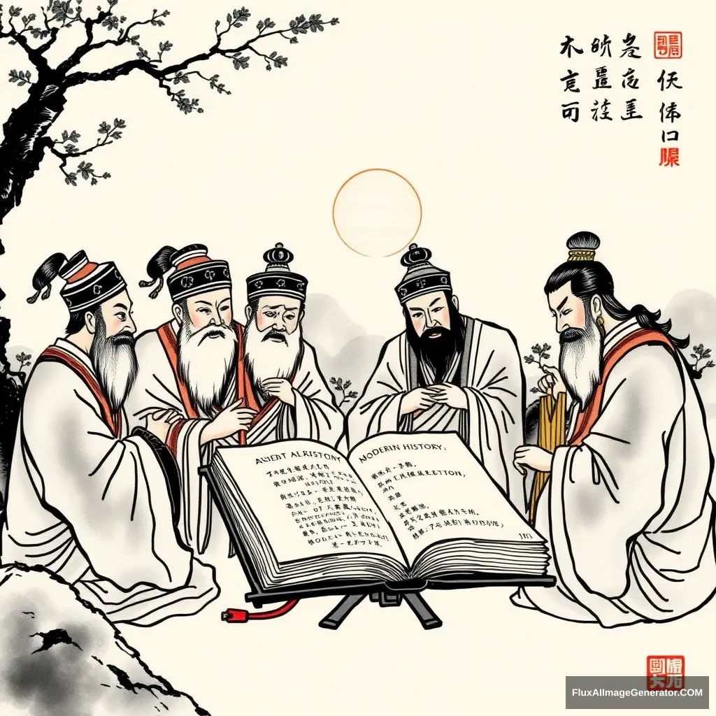 An ink-style Chinese painting: The content depicts a group of people discussing ancient and modern history, with the topics in the book left unfinished, as the sun rises on the horizon.