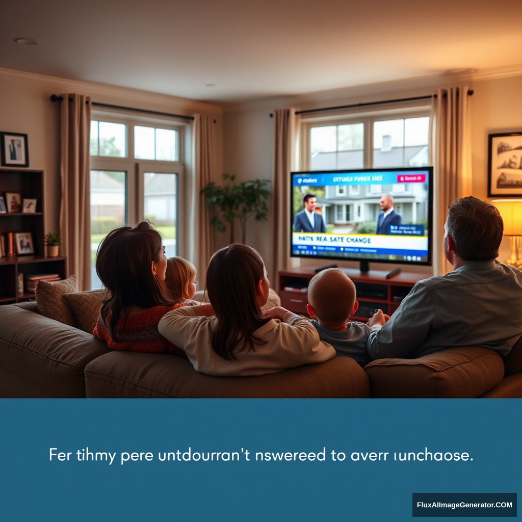 Create an immersive, hyper-realistic image of a family sitting together on a cozy couch in a well-decorated living room, watching a news broadcast about real estate changes on a large flat-screen TV. The family members should be dressed in casual home attire, their focused expressions showing their intent to stay updated. The background should feature a warm, inviting living room with family photos and a view of a quiet neighborhood through the windows, illustrating the impact of being well-informed on their future home purchase.