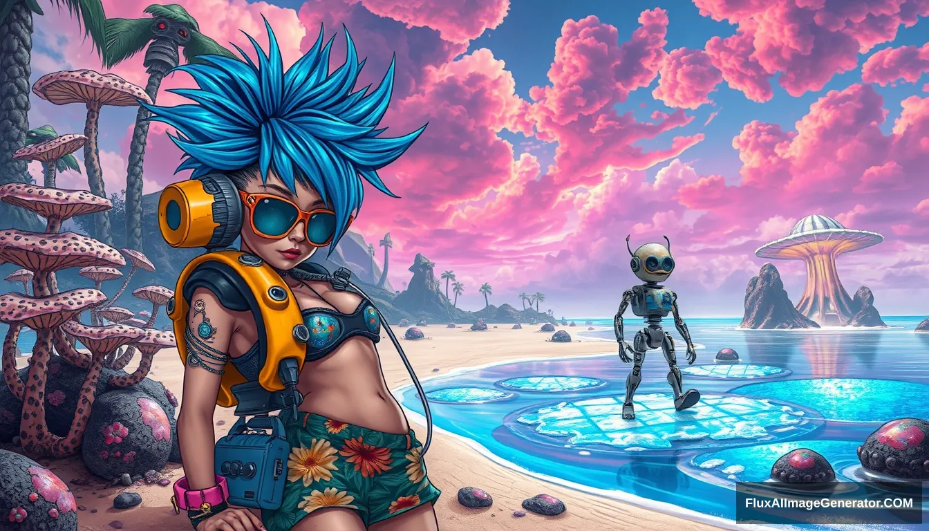 Photo: A scene features a punk girl with electric blue spiky hair rendered in the intricate style of Enki Bilal, beside a charming retro-futuristic robot in Hawaiian shorts, on a surreal alien beach adorned with iridescent fungi and shimmering lakes, all beneath a vibrant, dreamlike sky.