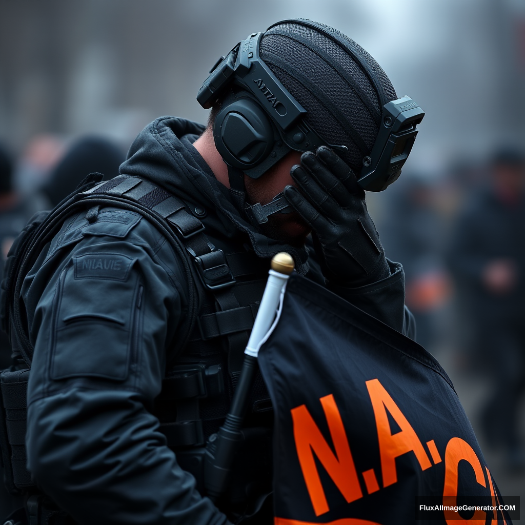 A soldier in dark gear lowered his head and covered his face with his hand in shame, holding a flag with the black and orange inscription "N.A.C."