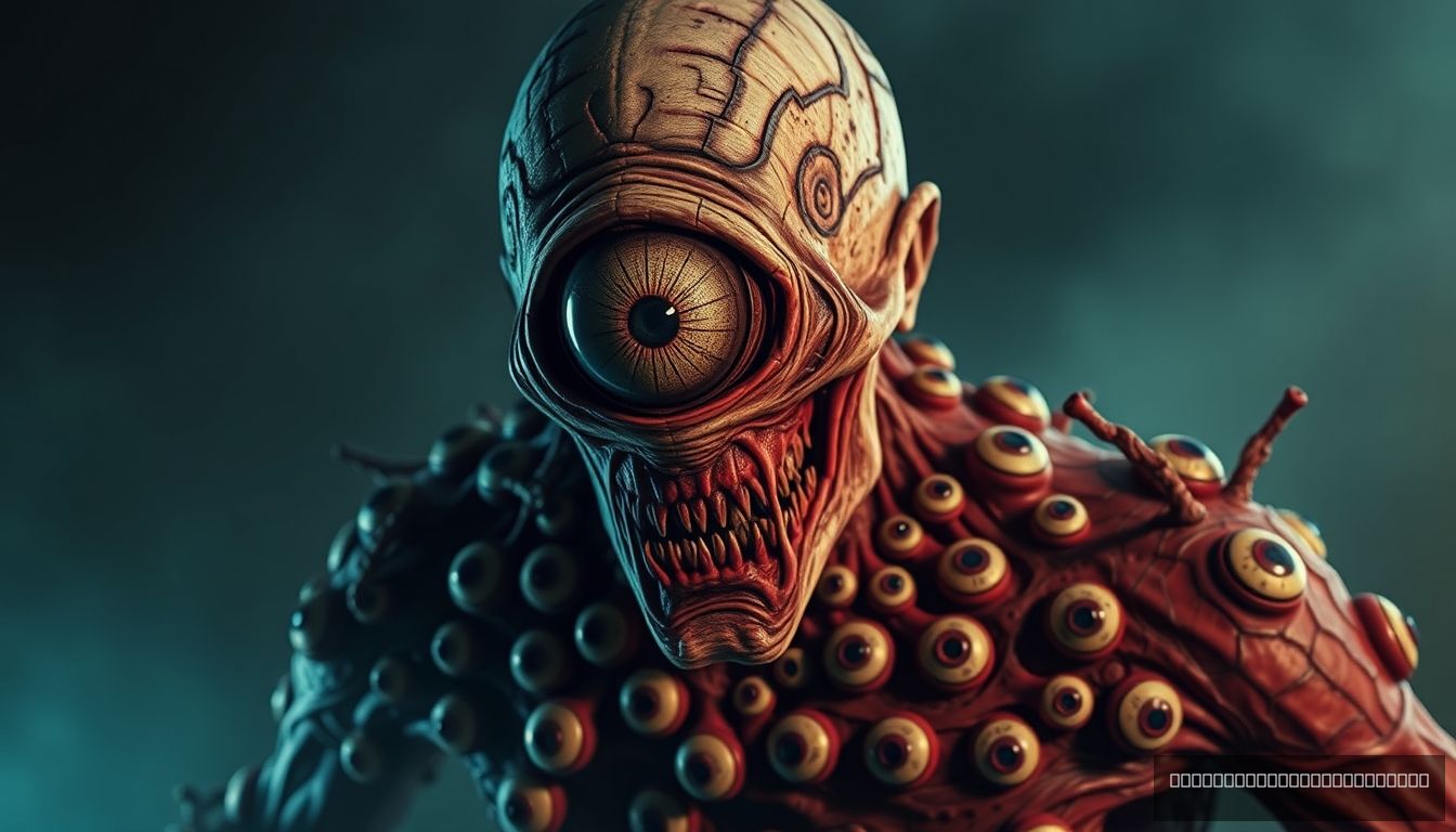 A horror monster, a human with a massive one-eyed face while his body is covered with eyes.