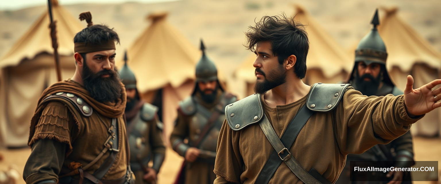 Create an image of two men standing apart and arguing while four soldiers gather closely behind the man on the left. The man on the right is a young man; his arms are stretched out to the sides, and he looks shocked with dark, messy, unkempt hair and a beard. He is dressed in a simple biblical-era shepherd tunic and is looking sternly at the left eye of the other man. The other man appears middle-aged, has a Jewish black beard, and is wearing a full suit of biblical-era leather armor along with a conical helmet that has a pointed tip. The overall mood of the image is one of anxiety and concern. The background depicts a blurred ancient biblical Jewish army camp with desert Arabic tents. The overall mood is intense and cinematic. - Image