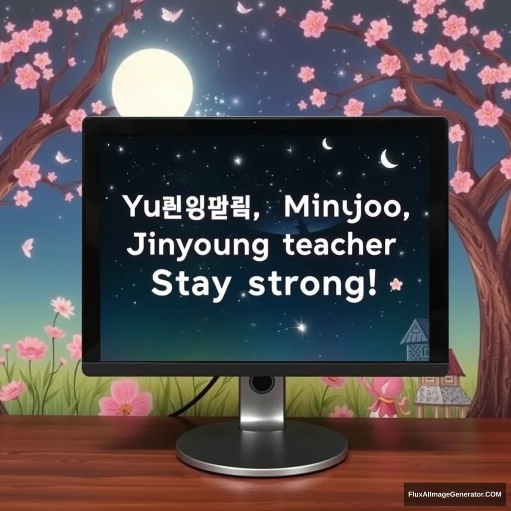 "Beautiful fairy tale background monitor, with the words arranged to fit inside: 'Younghee, Minjoo, Jinyoung teacher, Stay strong!'"