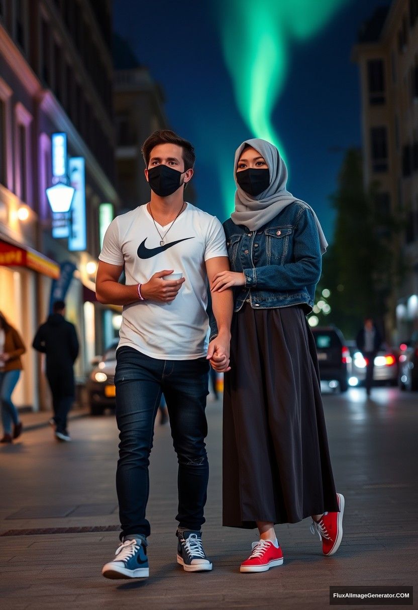 Jamie Dornan, handsome, black face mask, white Nike t-shirt, jeans, sneakers, dating romantically with a gray hijab Muslim girl, beautiful eyes, black face mask, denim jacket, very long and big skirt, not a tall girl, red sneakers, holding hands, in town, photorealistic, street photography, full photography, selfie photos, night scenery, aurora.