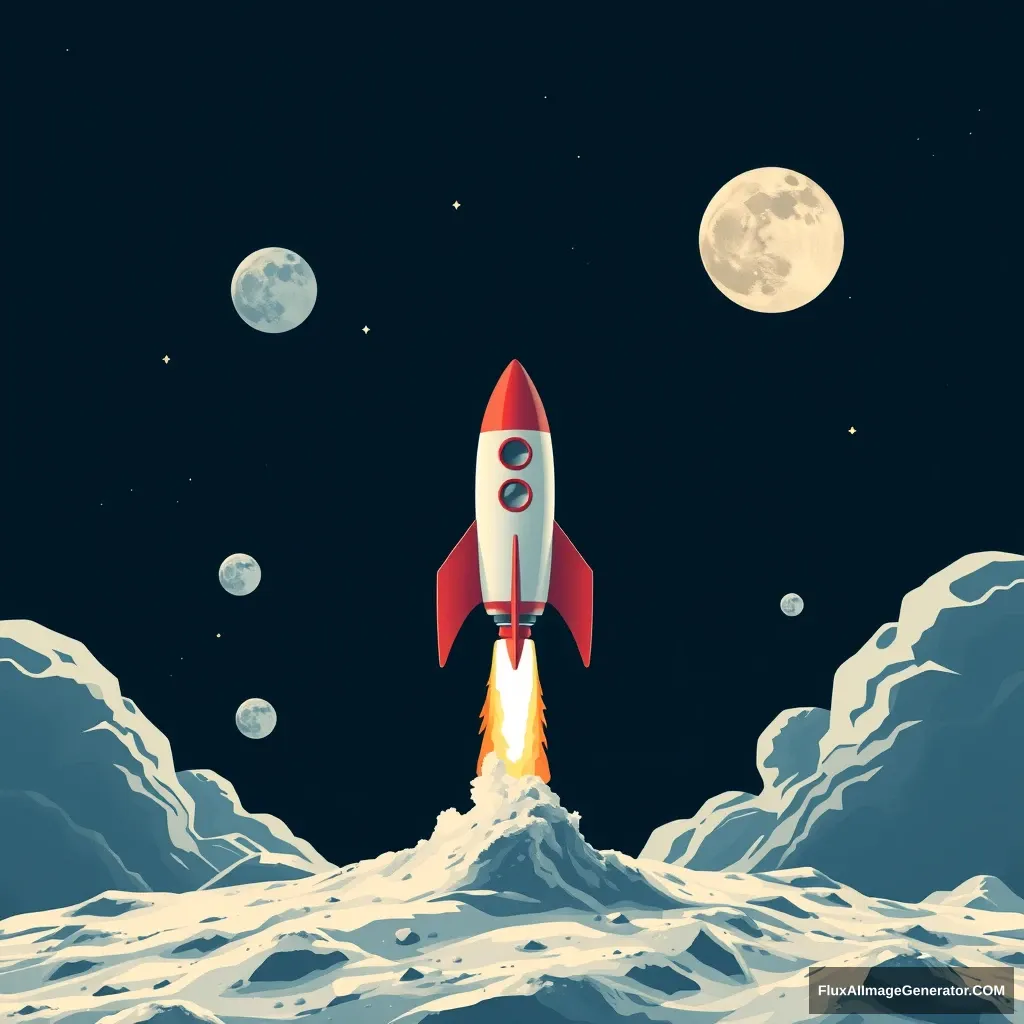 Realistic space rocket on the moon. - Image