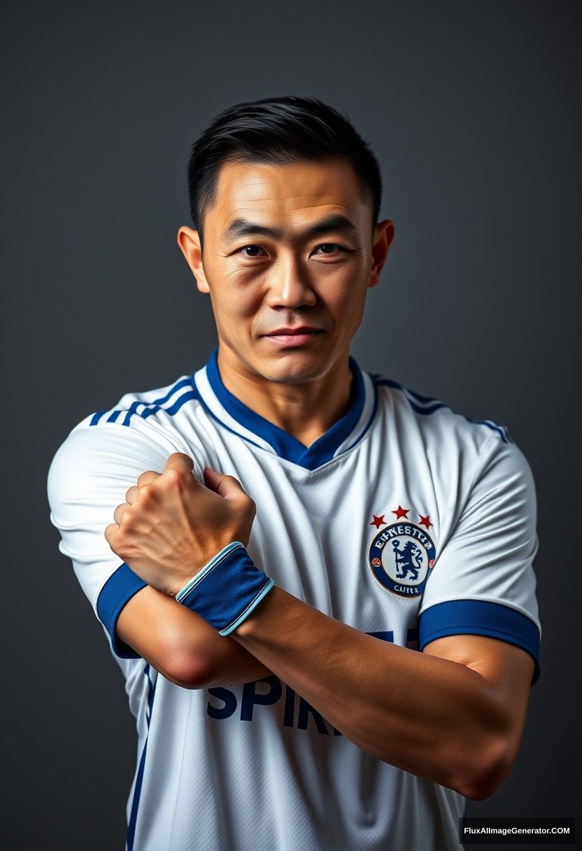 "A high-quality portrait photo of a Chinese man with fair and delicate skin, wearing a white short-sleeved soccer jersey with blue cuffs and collar, featuring the word 'SPIRIT' on the chest. He is striking a confident and imposing pose, with a resolute gaze and bright eyes. The photo is a mid-shot, taken in a studio with Rembrandt lighting, against a gray background." - Image