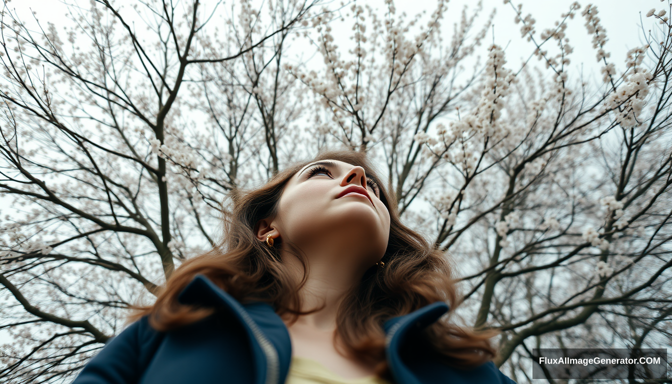 Low angle. Wide shot. A woman is looking at the tree. Spring weather.