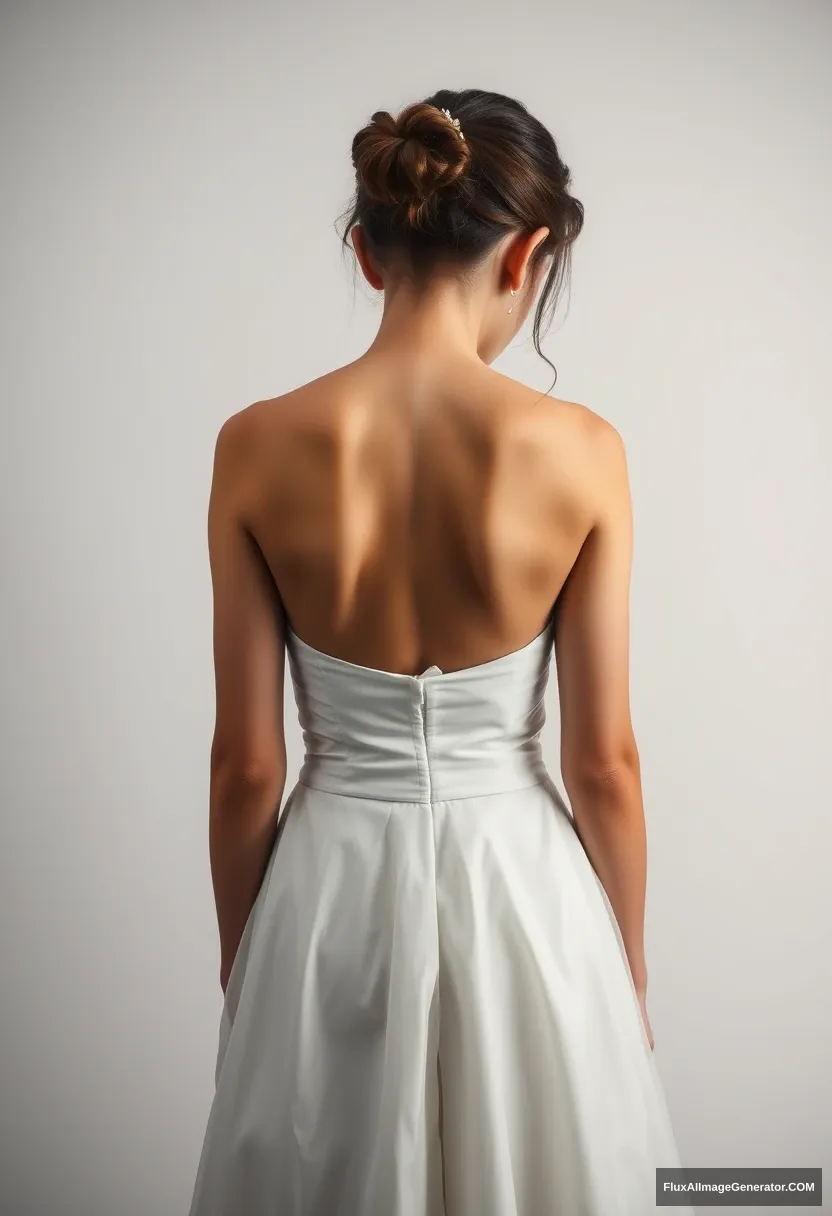 A short young woman, sensitive, delicate, ashamed, wearing a backless, strapless, small-waisted wedding dress, in front of patriarchy and expectations.