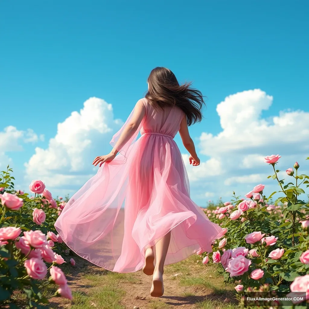 A girl wearing a transparent pink chiffon dress is running in the rose garden, with blue sky and white clouds, a solid color background, Picas style, 3D rendering, natural light, high-definition picture quality, 8K, -- niji 6.