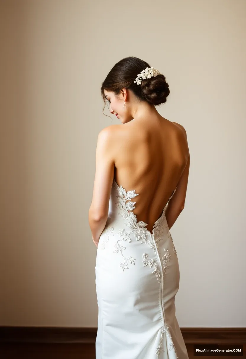 a young woman, sensitive, delicate, ashamed, backless strapless wedding dress