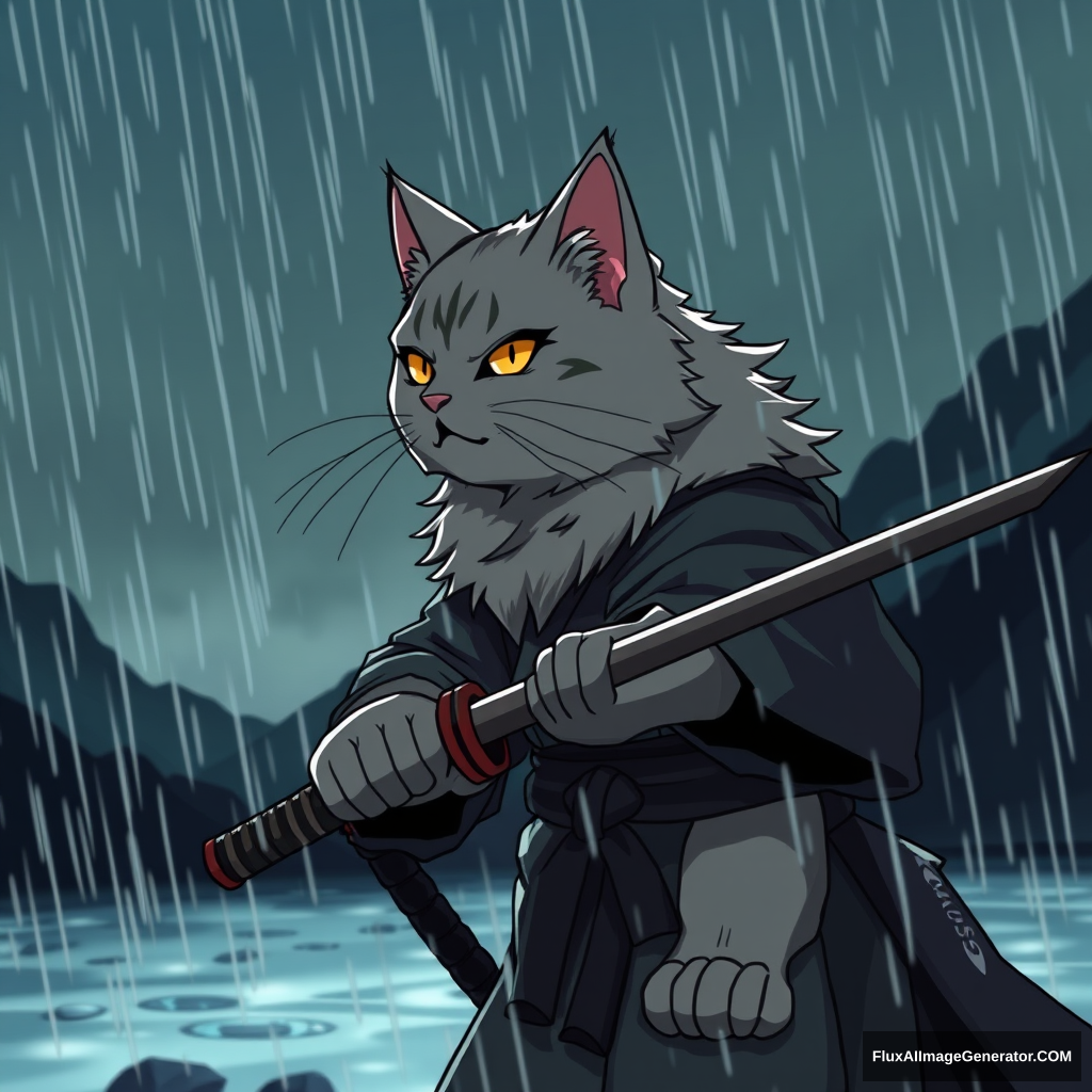 Gray British cat samurai in the rain, dark background with spot lighting, anime style, epic scene against the mountains.