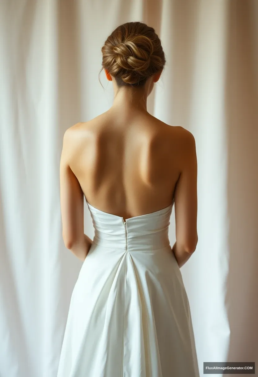 a young woman, sensitive, delicate, ashamed, backless strapless small-waisted wedding dress, in front of patriarchy, powerless