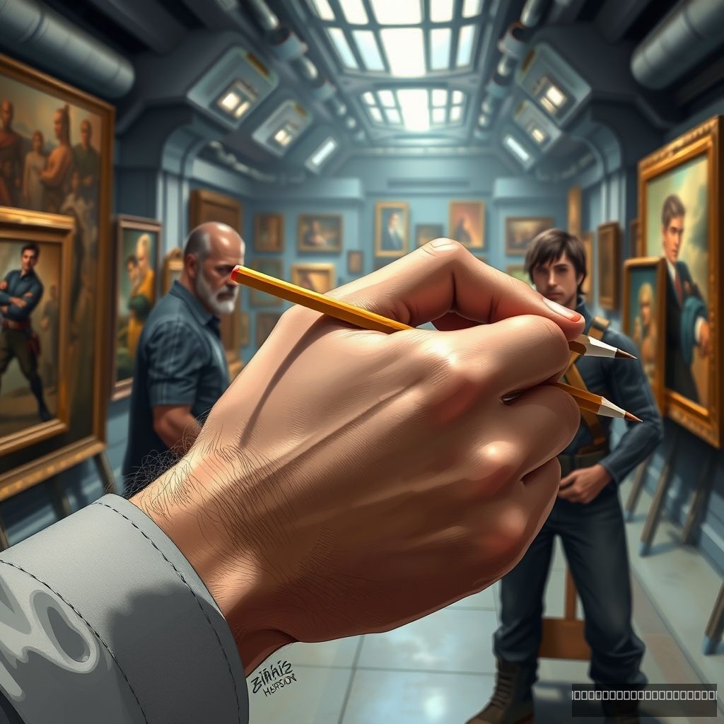 Sharp, detailed image of a muscular male right hand holding a pencil, sketching in a futuristic art gallery filled with paintings, with a male character resembling Chris Evans in the background.