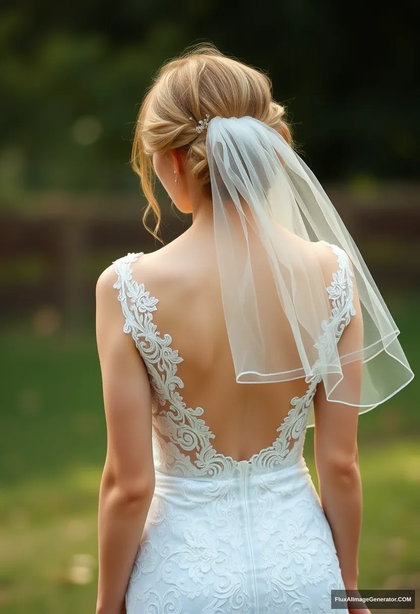 a young woman, sensitive, delicate, ashamed, exposed, backless strapless lace wedding dress