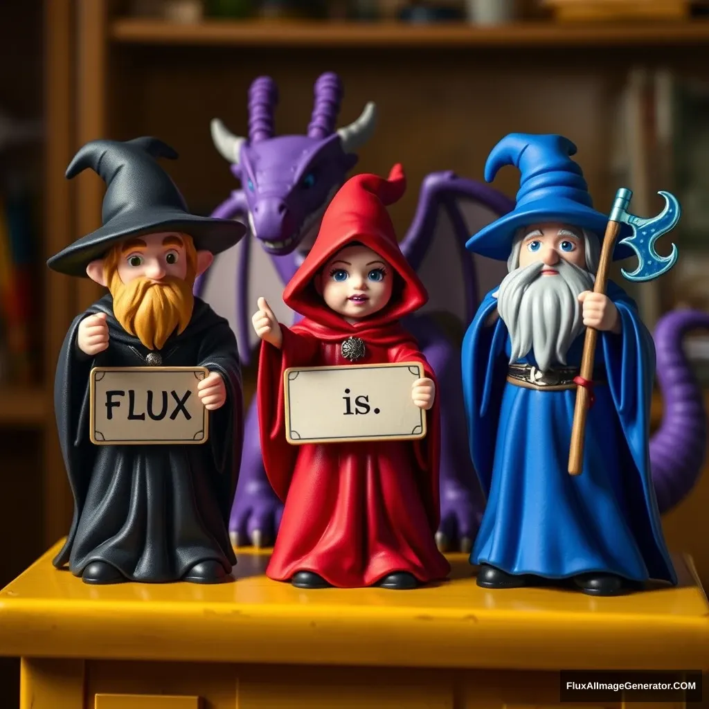 Three magical wizards stand on a yellow table. On the left, a wizard in black robes holds a sign that says 'FLUX'. In the middle, a witch in red robes holds a sign that says 'is', and on the right, a wizard in blue robes holds a sign that says 'cool'. Behind them is a purple dragon.