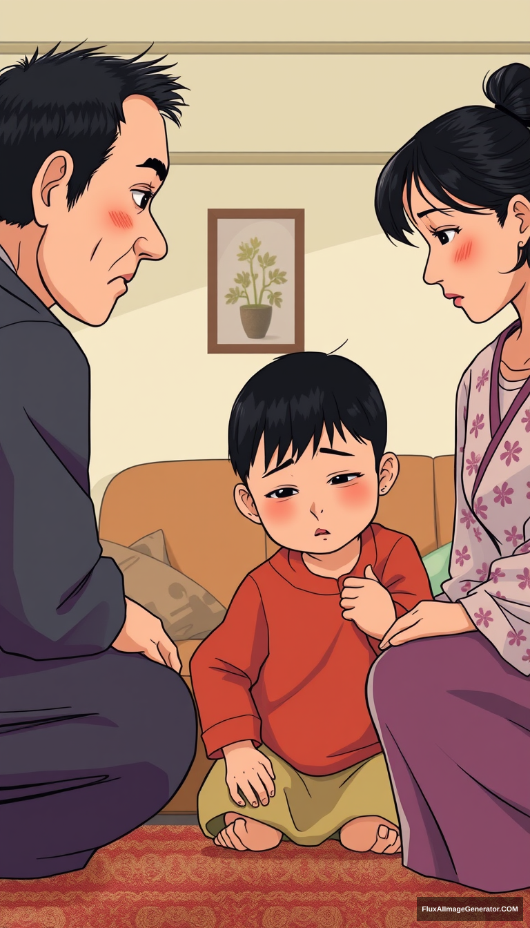 East Asian family, family members with repressed expressions, living room setting, parents scolding child, child looking down silently, tense family atmosphere. No comic. No comic, no comic. Extra realistic.