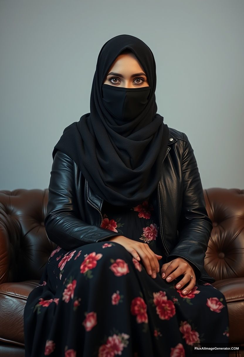 A biggest black hijab girl, burqa, beautiful eyes, black leather jacket, biggest floral long dress, sitting on leather single sofa, hyper realistic, studio photography. - Image