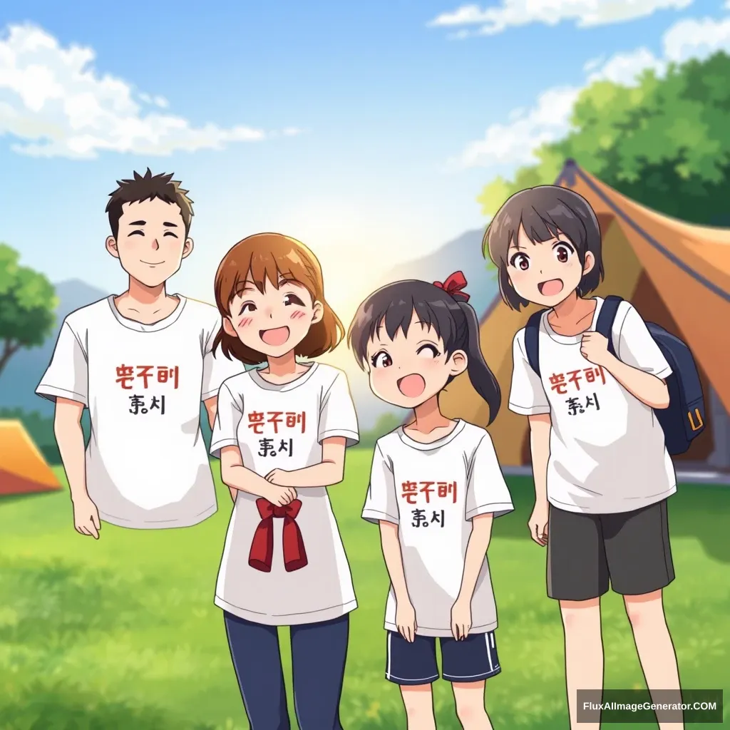 A happy scene of three families camping, wearing white short-sleeved t-shirts with "구판송" (Gupan Song) written on them. Gumi consists of 4 members (1 dad, 1 mom, 2 elementary school girls), Songdo has 3 members (1 dad, 1 mom, 1 elementary school girl), and Pangyo has 4 members (1 dad, 1 mom, 1 elementary school girl, 1 preschool boy) in an anime style.