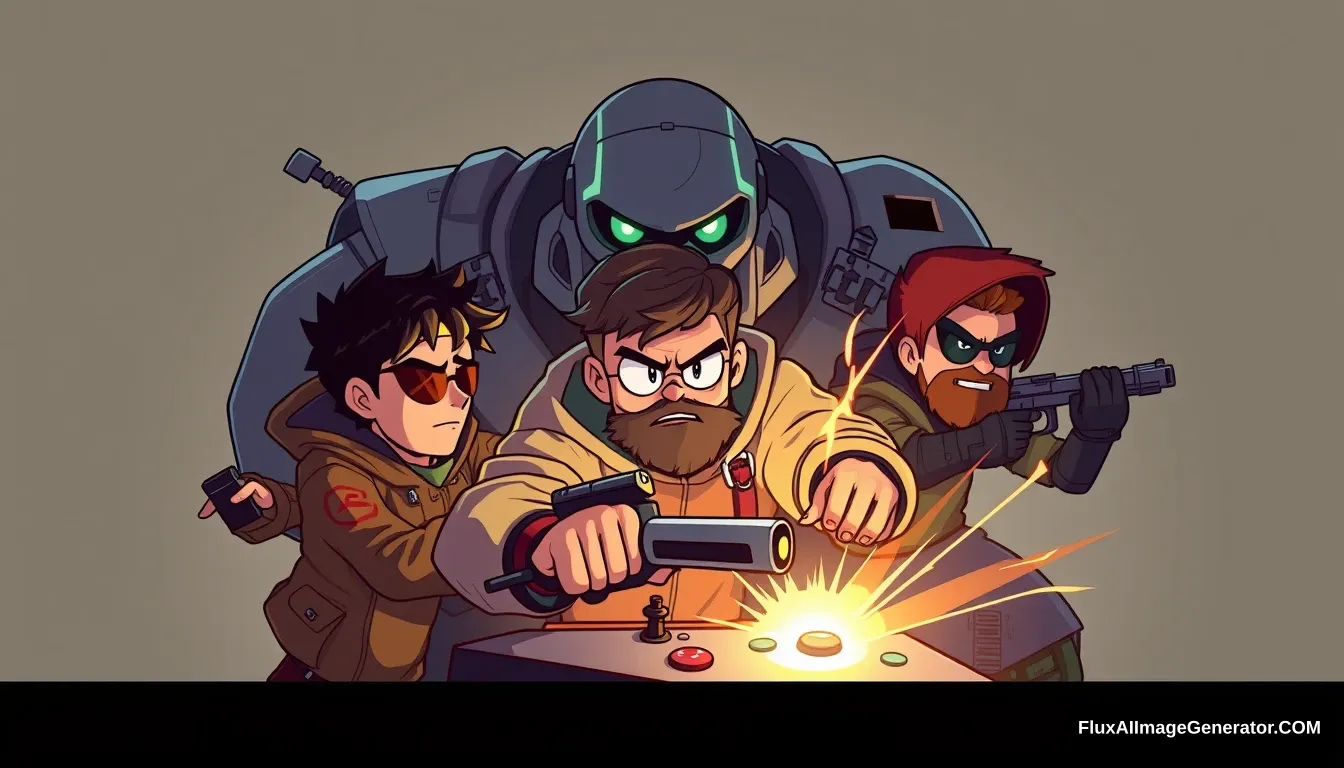 game poster, logo, cel shaded art, several characters are battling around a game machine, jacket, weapon, multiple boys, hood, facial hair, sunglasses, crossover, robot, beard, science fiction, 6+ boys - Image