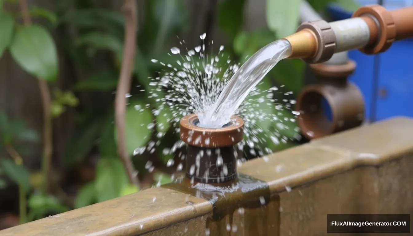 'The middle section of the water pipe burst, spraying a大量水.' - Image