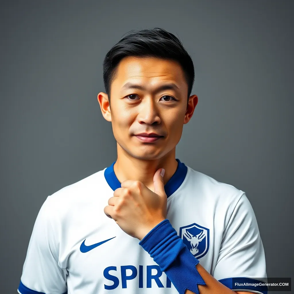 High-quality portrait photo of a Chinese man with fair and delicate skin, wearing a white short-sleeved soccer jersey with blue cuffs and collar, featuring the word “SPIRIT” on the chest. He strikes a confident and imposing pose, with a determined gaze and bright eyes. This is a player portrait, shot from a medium distance with Rembrandt lighting in a studio setting against a gray background.