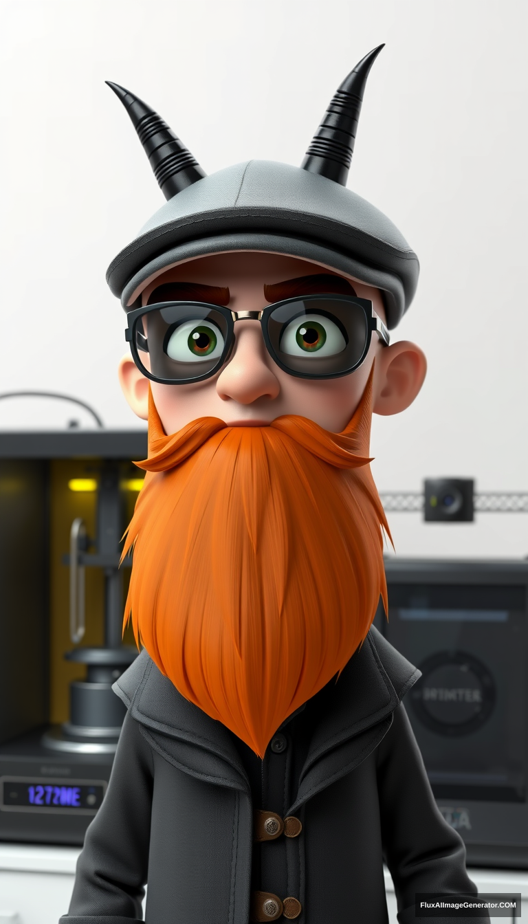 3D render of a bald cartoon human male with weathered flatcap and reflective aviator glasses. Glossy obsidian horns sprout from his head, contrasting with a meticulously trimmed fiery ginger beard. Dark, arched eyebrows frame his expressive eyes. He stands confidently beside a futuristic 3D printer, emanating an aura of technological mastery and demonic mischief.