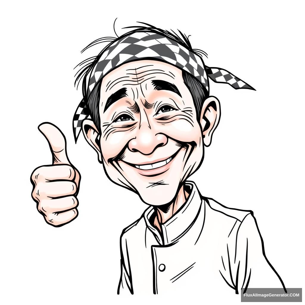 Create a highly detailed, black and white sketch-style caricature of a cheerful elderly Vietnamese man with short, dark hair and a weathered face. The man should be smiling broadly, with one hand raised in a thumbs-up gesture. He is wearing a traditional brown áo bà ba and a black and white checkered bandana tied around his head. The illustration should have exaggerated facial features, clear lines, set against a plain white background, with no text or watermark.