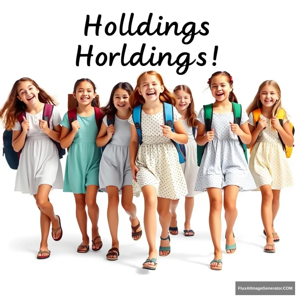 Create a photo with a group of 16-year-old teenage girls and a few boys wearing dresses and sandals. They are joyfully walking towards the camera because the holidays are starting. They are carrying school backpacks and cheering. The background is white, no text. The children are fully visible. - Image