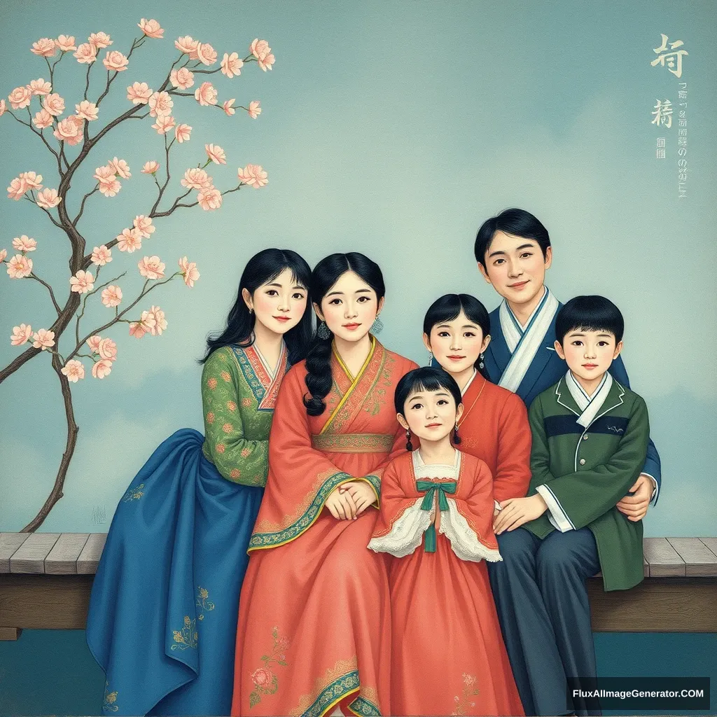 Korean family (father, mother, 2 daughters, 1 son) Monet style