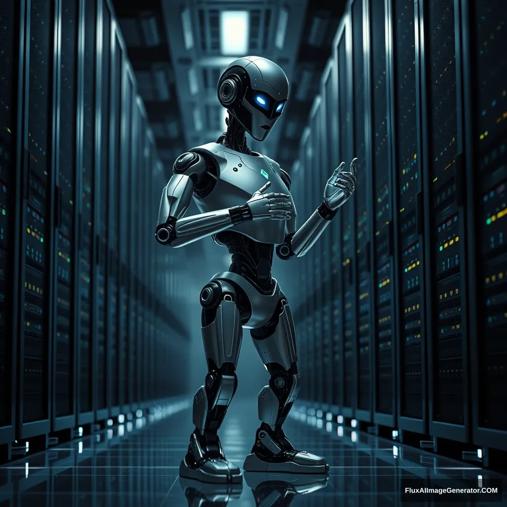 Create a highly detailed, photorealistic image of a robot working in a data center. The robot should have a sleek, industrial design with a metallic finish, featuring articulated limbs and a sophisticated, futuristic appearance. It should be standing in the middle of a data center aisle, surrounded by towering racks of servers, each filled with blinking lights and cables.

The robot is actively engaged in maintenance or monitoring tasks, perhaps adjusting a server or scanning a rack with a built-in sensor in its hand. Its face, though mechanical, should have an array of sensors and lights indicating it is analyzing data in real-time. The robot’s posture should convey focus and precision as it performs its duties.

The data center environment should be cold and sterile, with dim overhead lighting reflecting off the rows of black server racks. The floor should have a reflective surface, capturing the soft glow of the server lights. The background can include additional rows of servers fading into the distance, creating a sense of depth and scale.

The color palette should primarily consist of cool tones—metallic grays, deep blues, and the soft glow of the server lights—emphasizing the high-tech, futuristic setting. The overall image should convey a sense of efficiency, advanced technology, and the critical role the robot plays in maintaining the backbone of digital infrastructure within this state-of-the-art data center. - Image